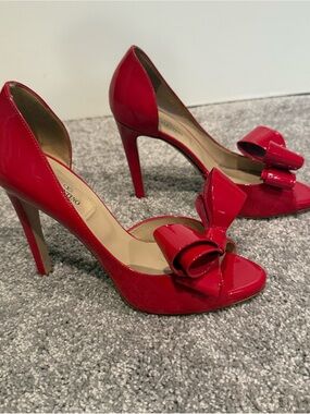 Valentino Garavani Red Patent Leather Bow Peep-Toe Heels